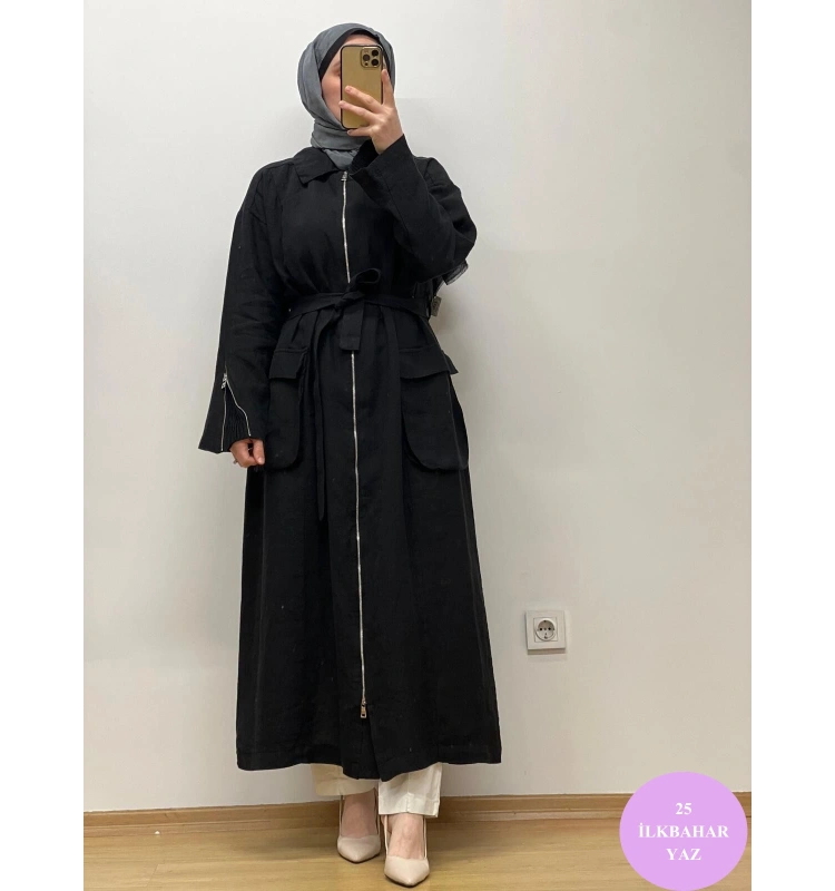 MissWhence Fermuar Detaylı Keten Pardesü 25Y-37509