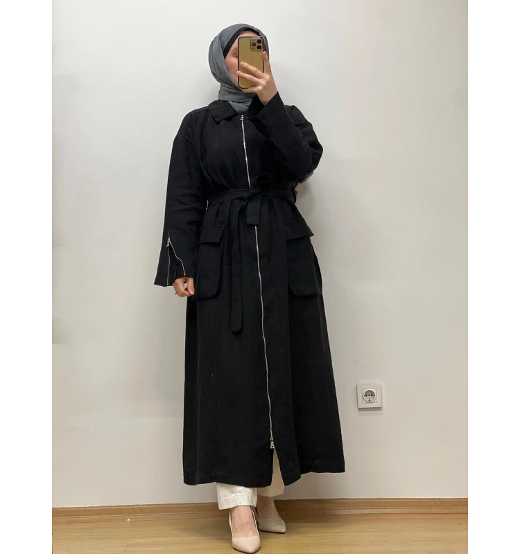 MissWhence Fermuar Detaylı Keten Pardesü 25Y-37509