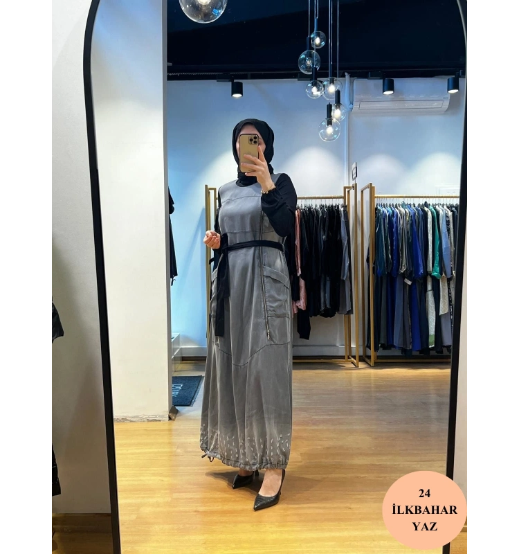 MissWhence Fermuarlı Tencel Kot Elbise 35807