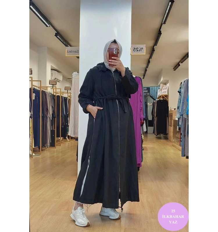 MissWhence Kapuşonlu Fermuar Detaylı Keten Pardesü 25Y-37514-1