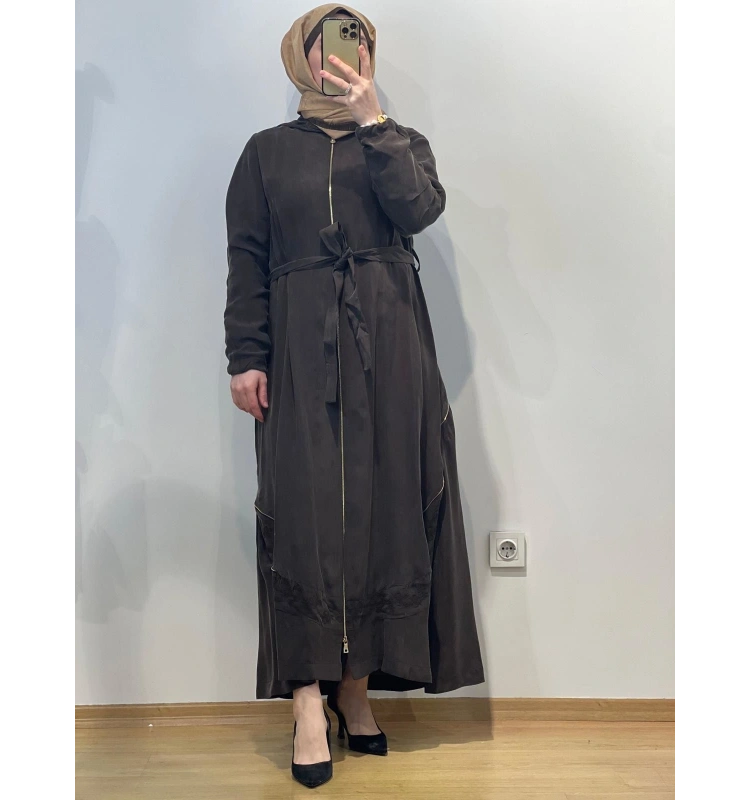 MissWhence Kapüşonlu Nakışlı Fermuarlı Cupro Ferace 25Y-37500