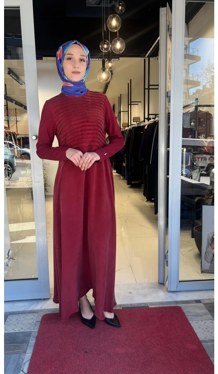 Pilise Detaylı Düz Renk Cupro Elbise T26Y-4011
