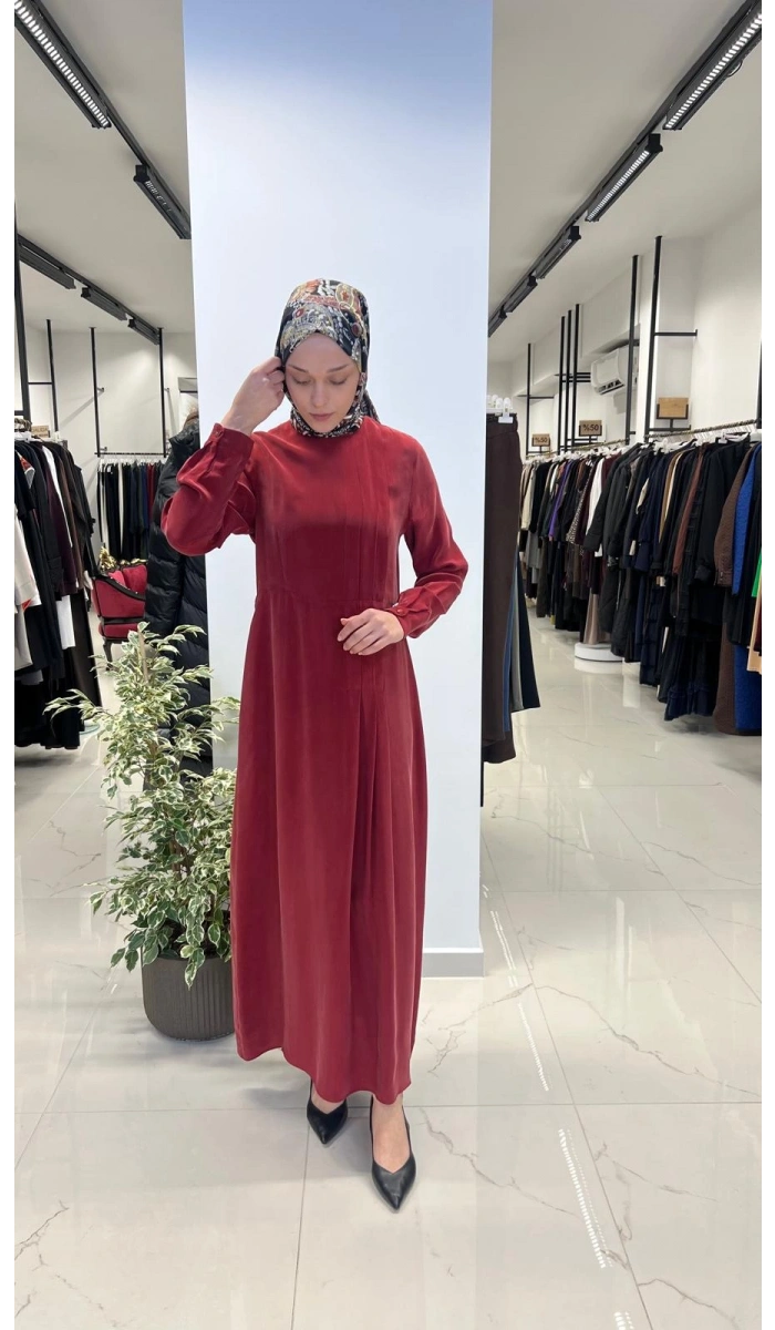 Pili Detaylı Düz Renk Elbise T26Y-4039