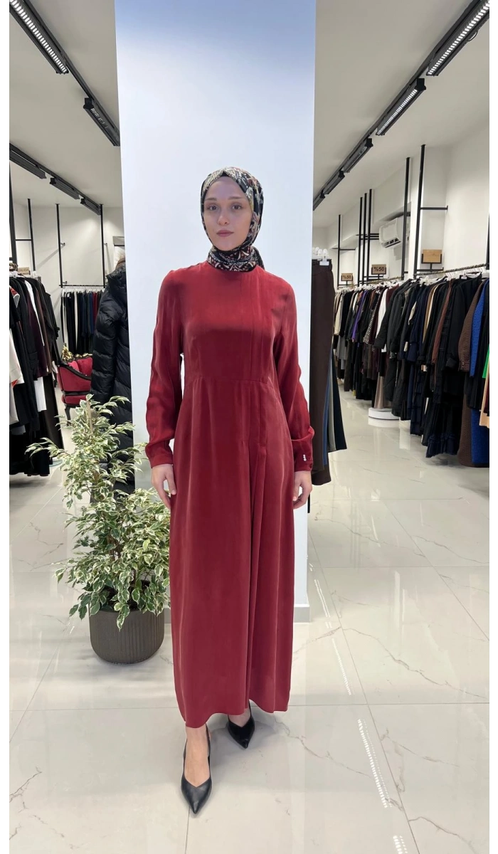 Pili Detaylı Düz Renk Elbise T26Y-4039