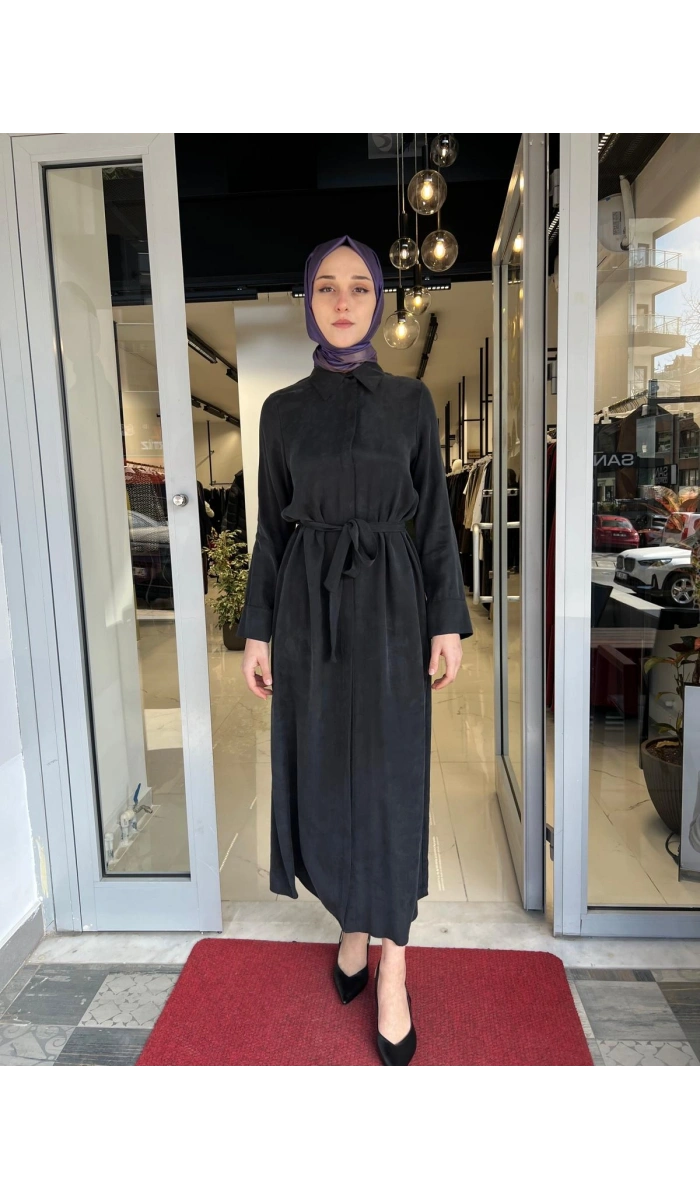 Stare Dokulu Taşlanmış İpek Elbise TD-4769
