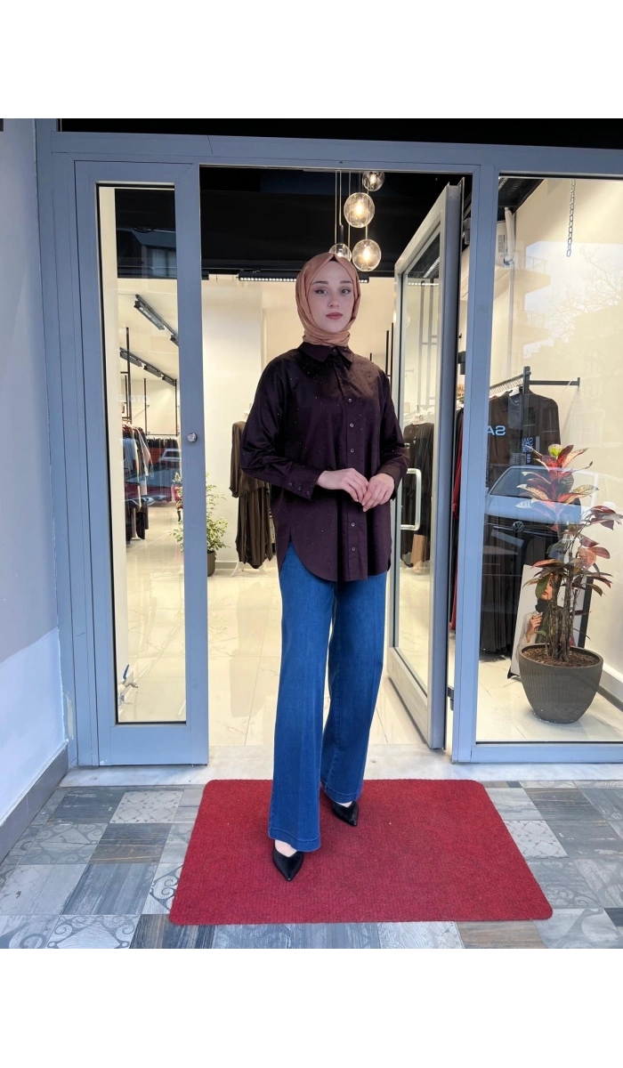 Laura Serpme Taşlı Koton Gömlek TD-3627
