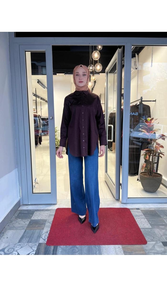 Laura Serpme Taşlı Koton Gömlek TD-3627