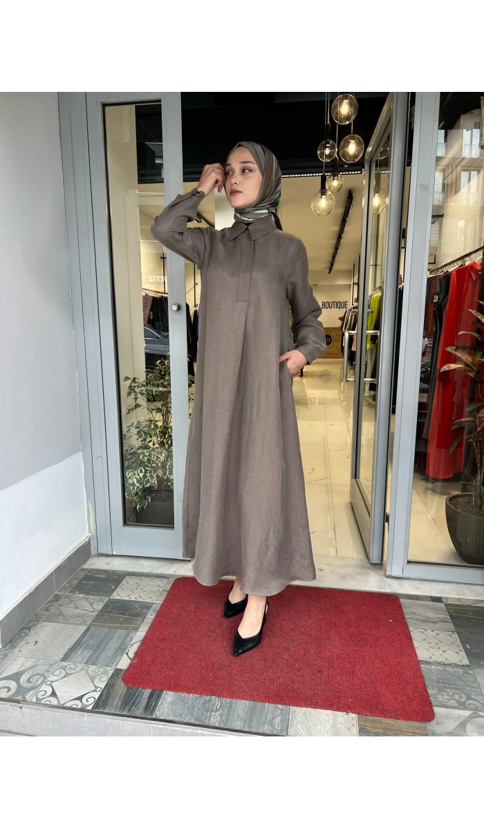 Gömlek Yaka İpek Keten Uzun Elbise 2264351