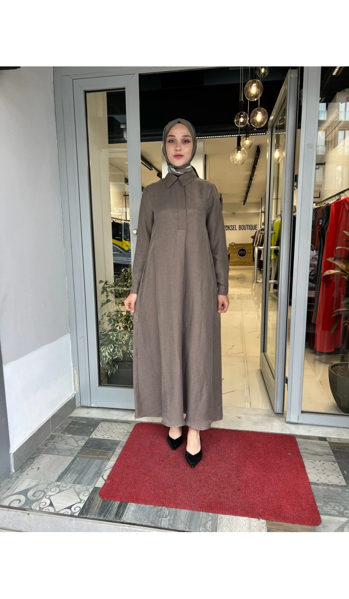 Gömlek Yaka İpek Keten Uzun Elbise 2264351