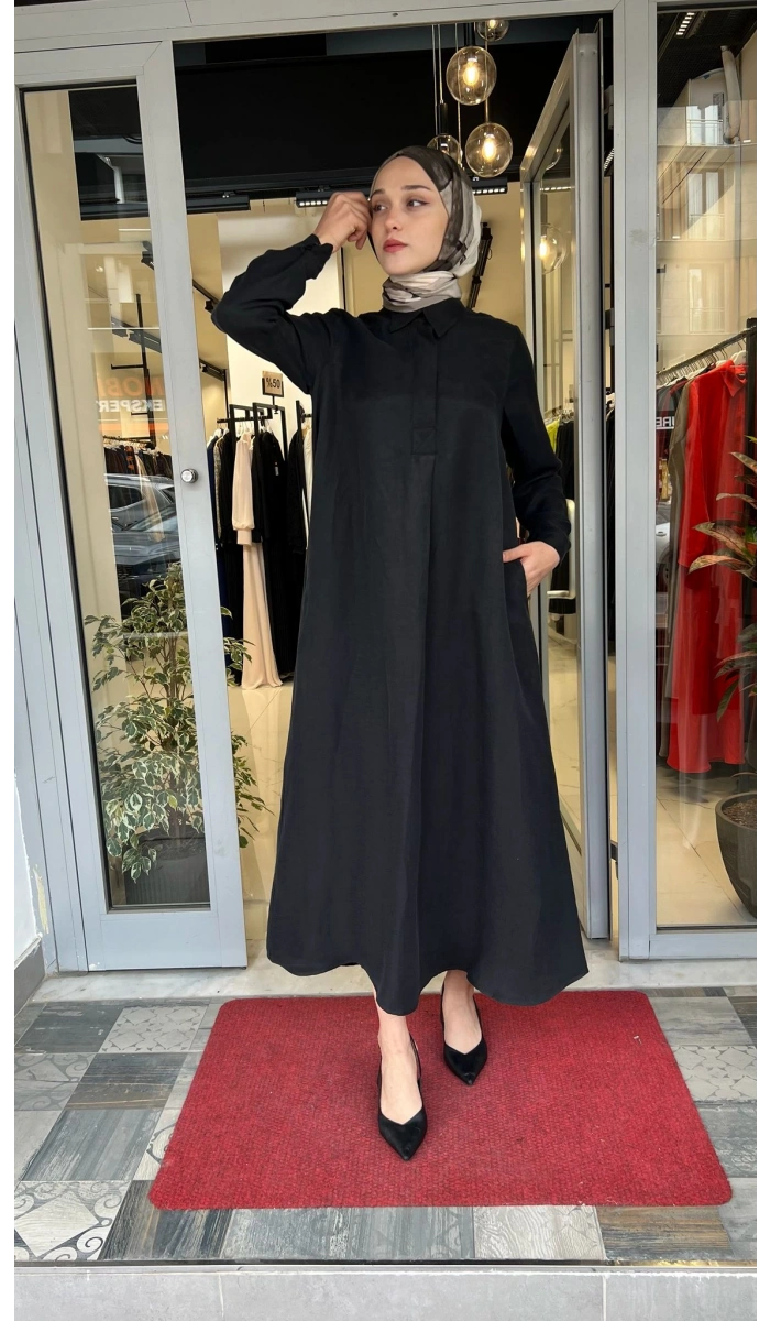 Gömlek Yaka İpek Keten Uzun Elbise 2264351