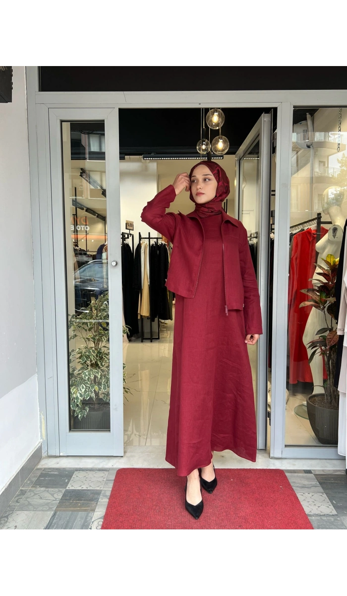 Kolsuz Düz Renk Keten Elbise 2264251