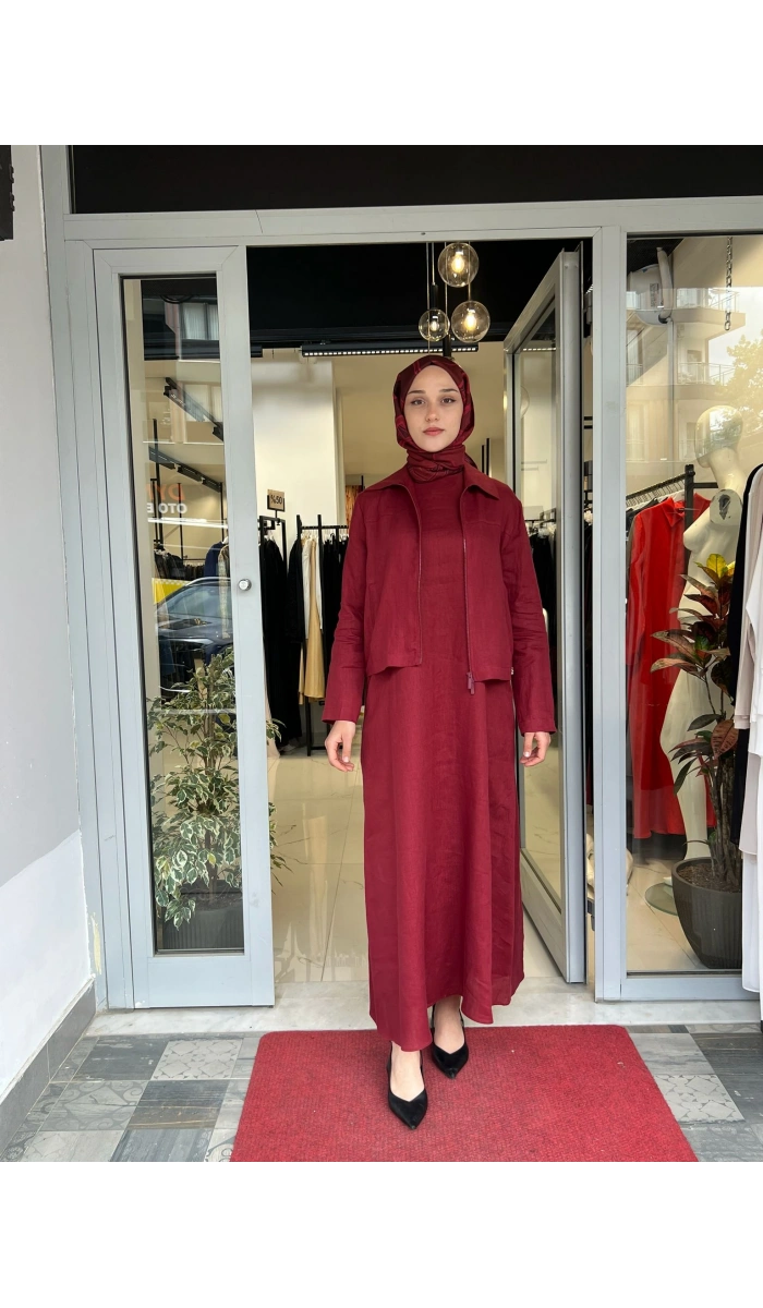 Kolsuz Düz Renk Keten Elbise 2264251