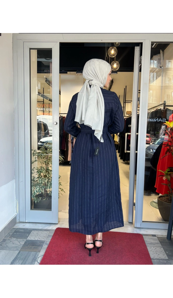 Line %100 Keten Çizgili Gömlek Elbise TD-3724