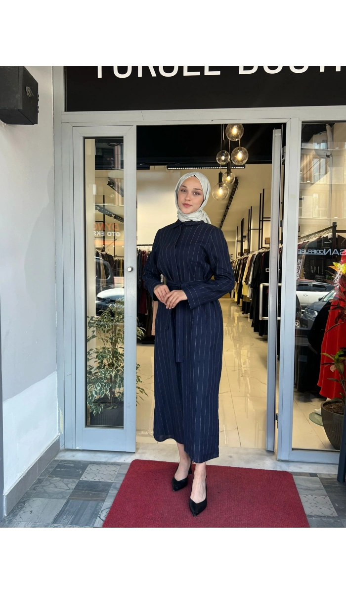 Line %100 Keten Çizgili Gömlek Elbise TD-3724