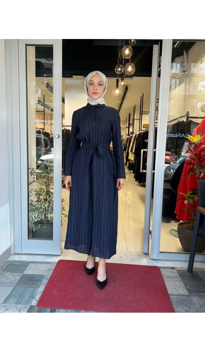 Line %100 Keten Çizgili Gömlek Elbise TD-3724