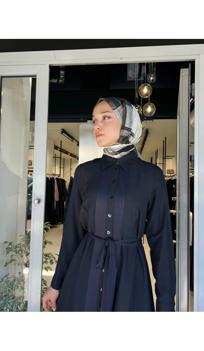 Erkek Yaka İpek Keten Uzun Elbise 2264551
