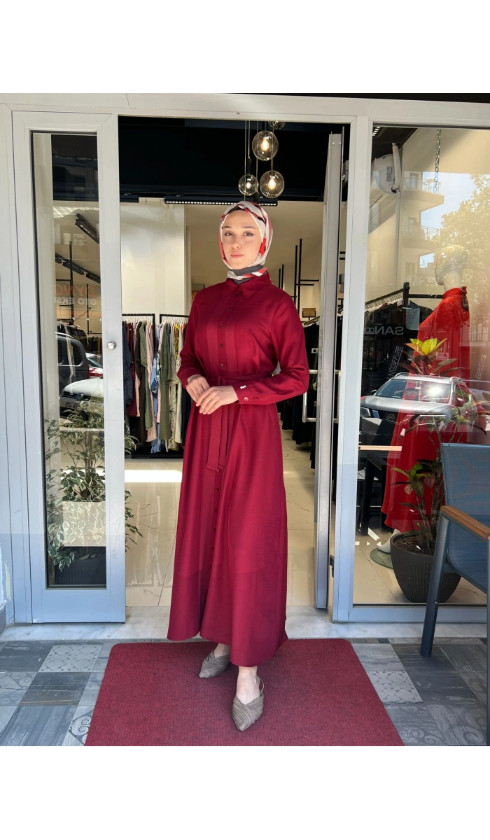 Erkek Yaka İpek Keten Uzun Elbise 2264551