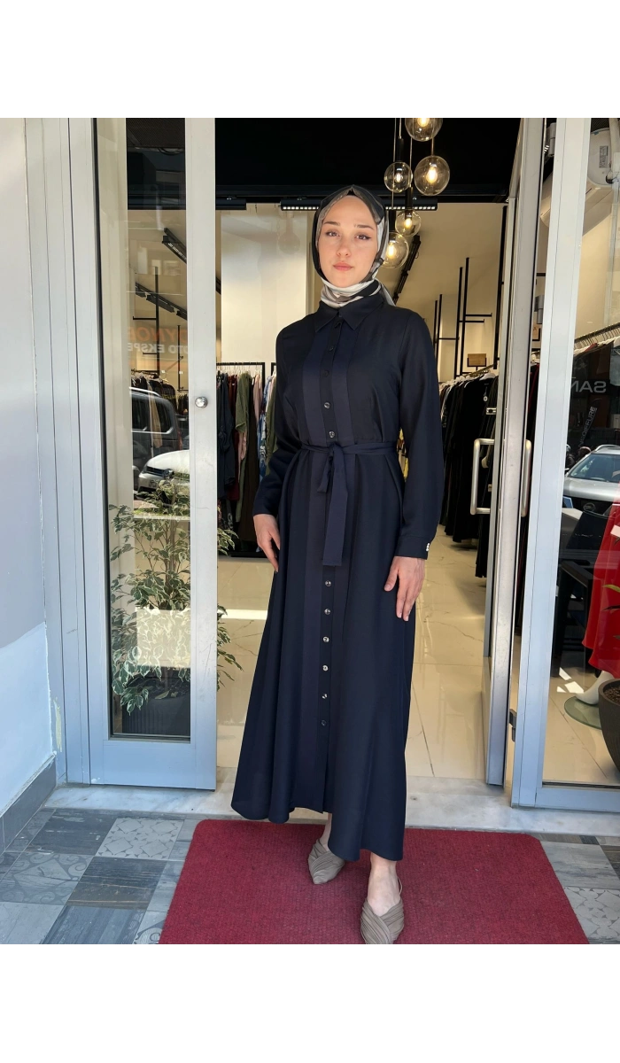 Erkek Yaka İpek Keten Uzun Elbise 2264551