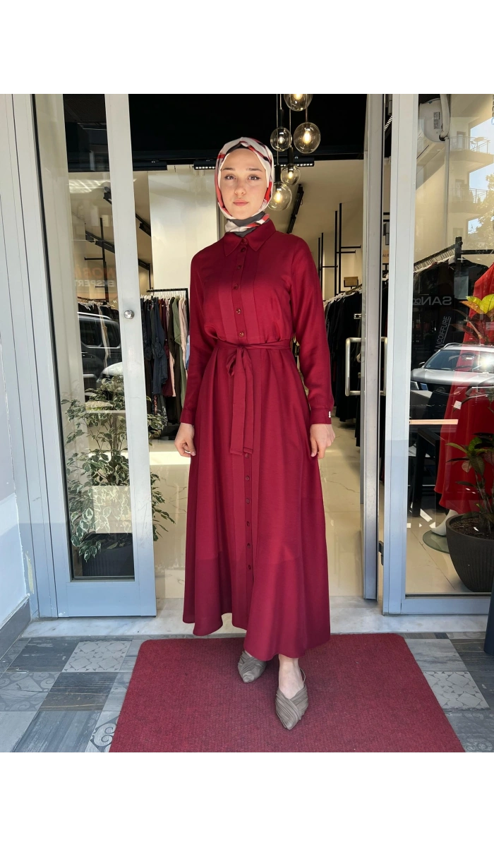 Erkek Yaka İpek Keten Uzun Elbise 2264551