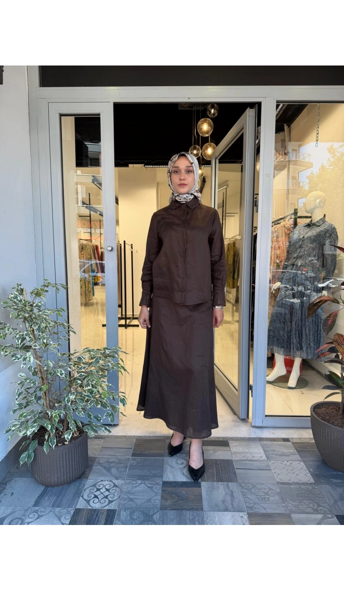 Yaka Nakış Detaylı %100 Keten Elbise TD-4740