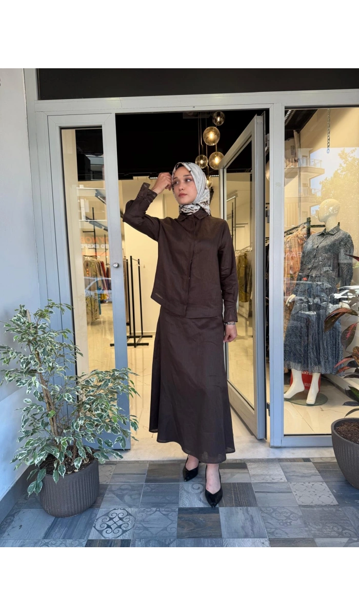 Yaka Nakış Detaylı %100 Keten Elbise TD-4740