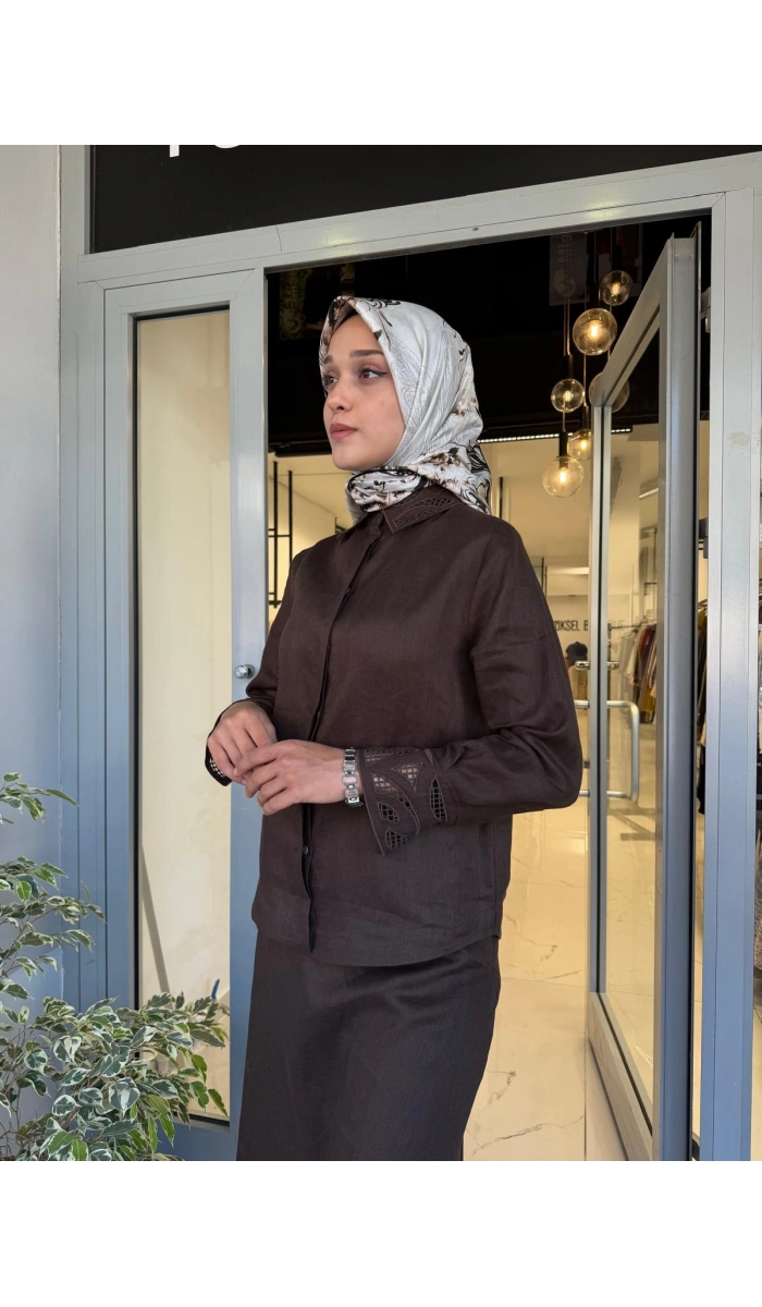 Yaka Nakış Detaylı %100 Keten Elbise TD-4740