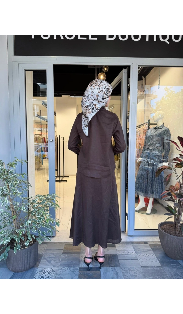 Yaka Nakış Detaylı %100 Keten Elbise TD-4740