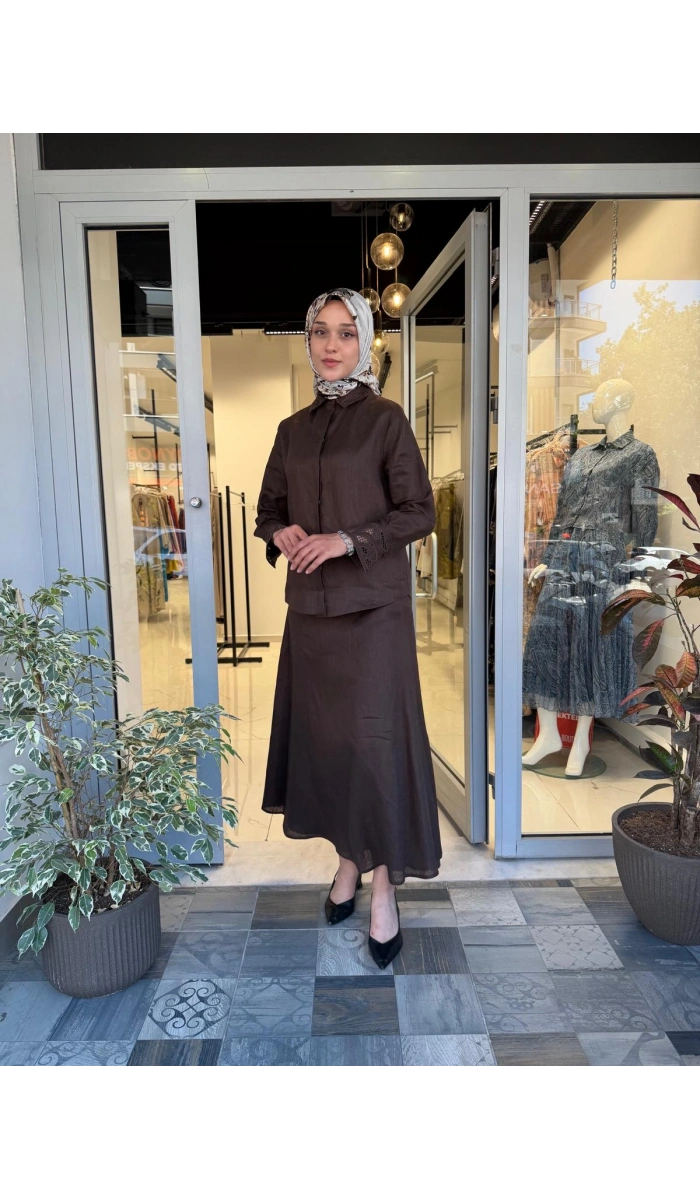 Yaka Nakış Detaylı %100 Keten Elbise TD-4740