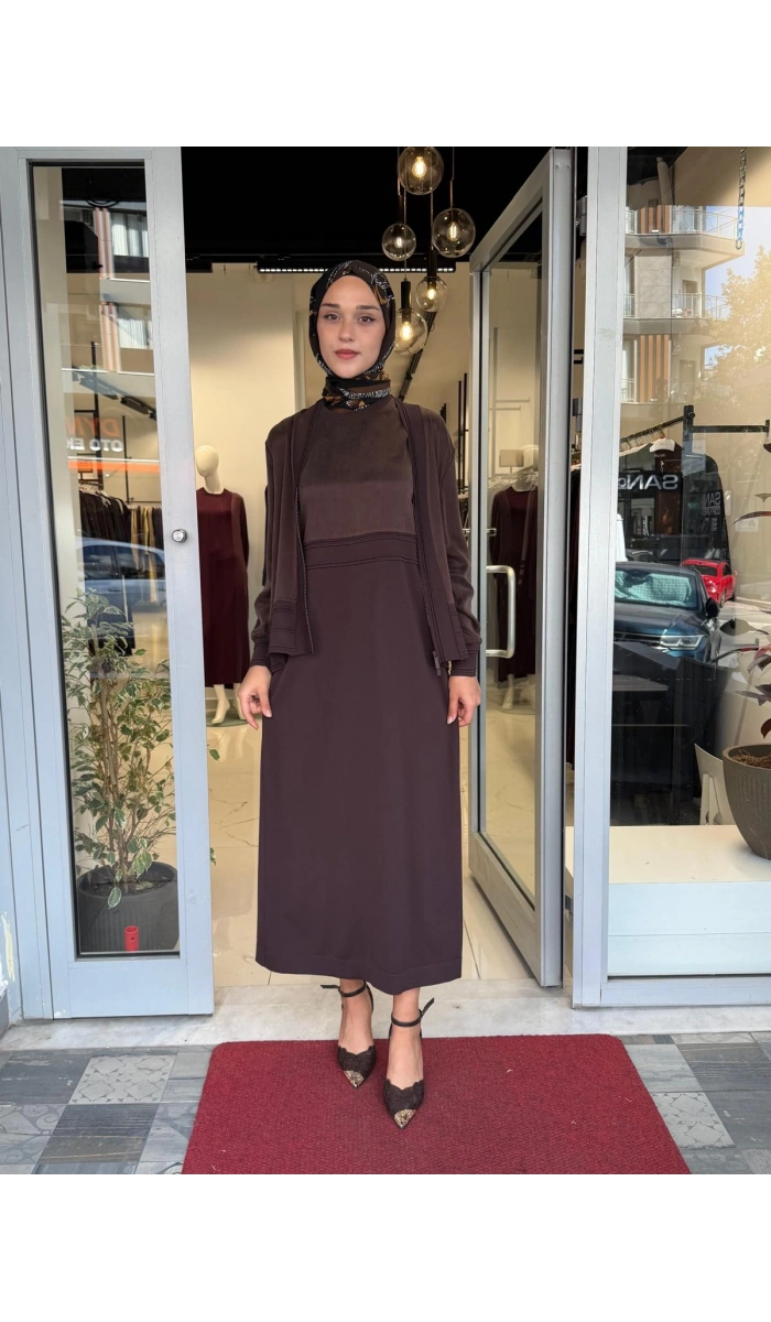 Balıksırtı Detaylı Uzun Elbise Cacao 3260801