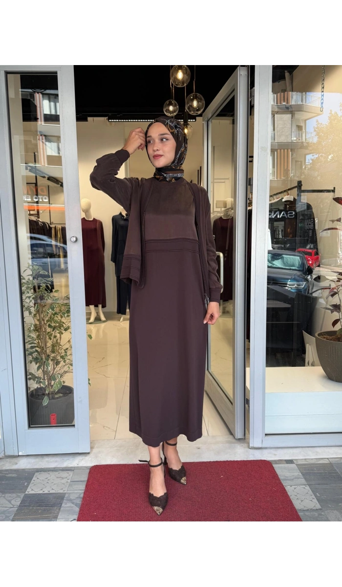Balıksırtı Detaylı Uzun Elbise Cacao 3260801