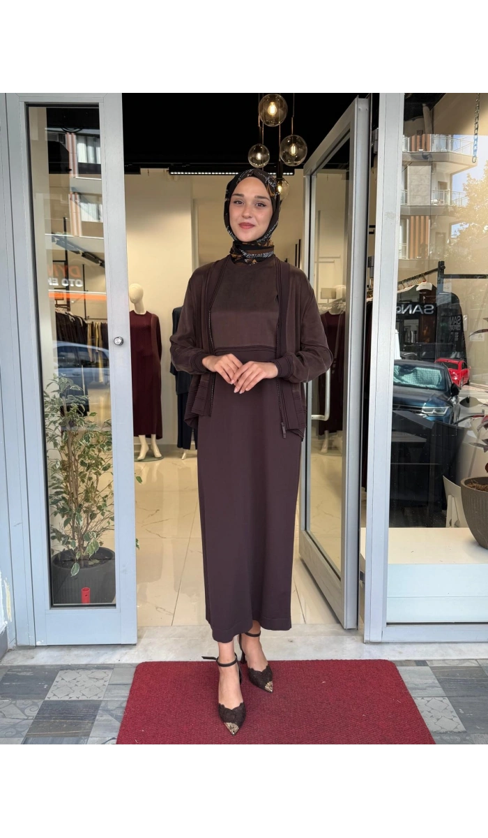 Balıksırtı Detaylı Uzun Elbise Cacao 3260801