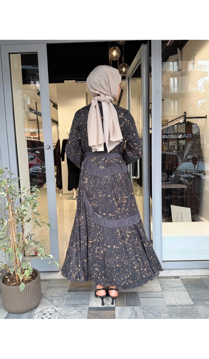 Desenli Cupro Elbise Antrasit 40800