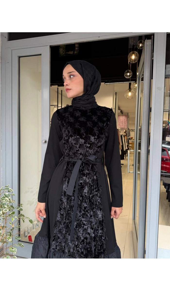 Kadife Detaylı Elbise Siyah 40801