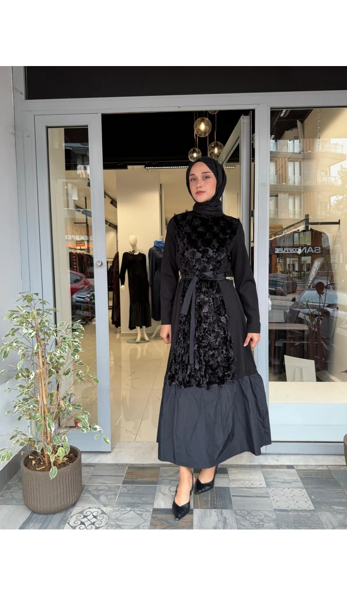 Kadife Detaylı Elbise Siyah 40801