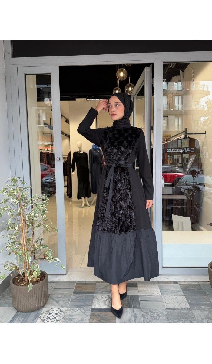 Kadife Detaylı Elbise Siyah 40801