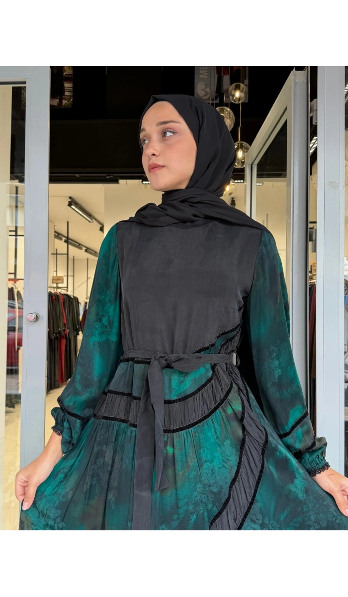 Desenli Cupro Elbise Yeşil 40800