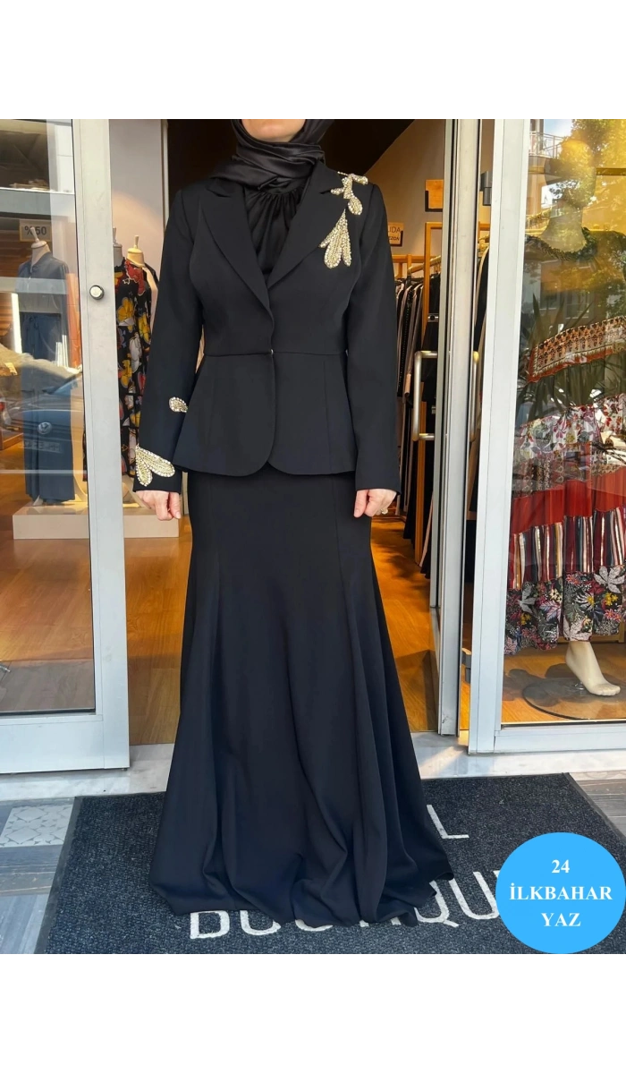 Jamıla Sarah Aplikeli Peplum Ceket Balık Etek Takım SS24-9016