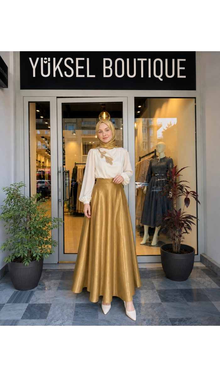 Jamıla Sarah Gold Kloş Etek SS24-6002