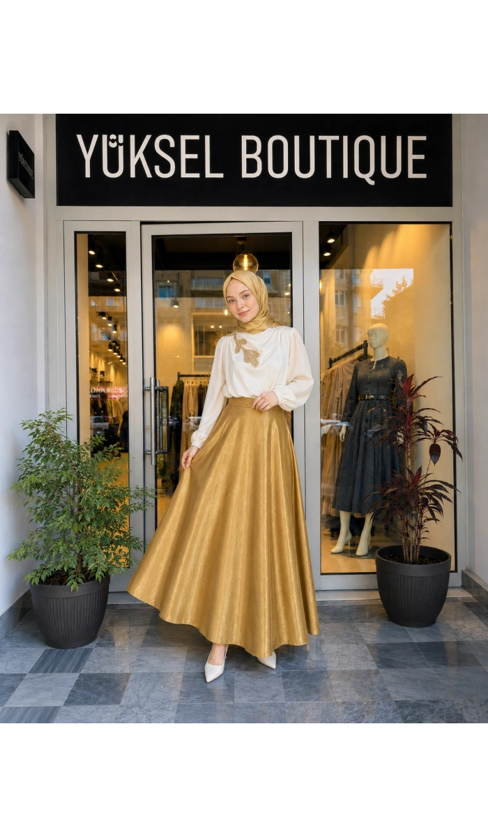 Jamıla Sarah Gold Kloş Etek SS24-6002