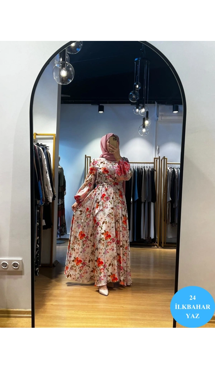 Jamıla Sarah Kolları Balonlu Desenli Elbise SS24-3007