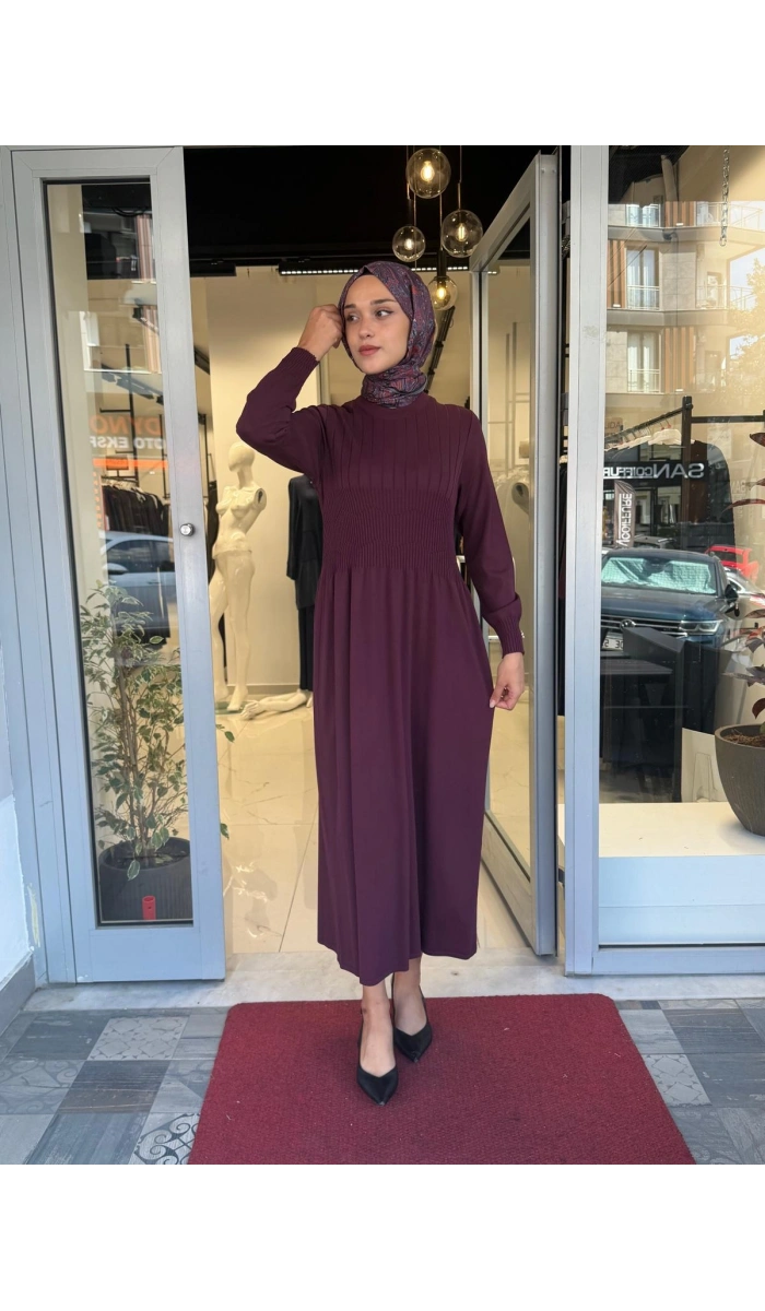 Kalın Fitilli Triko Elbise Oubergine 3264001