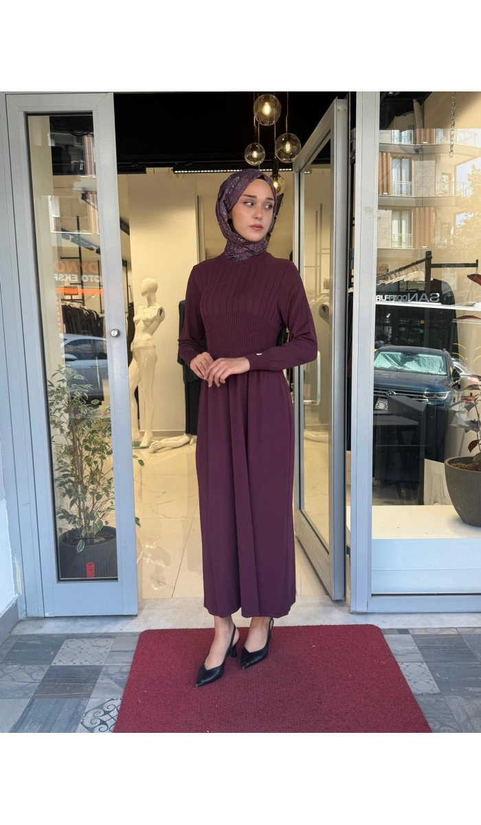 Kalın Fitilli Triko Elbise Oubergine 3264001