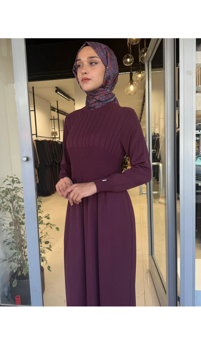 Kalın Fitilli Triko Elbise Oubergine 3264001