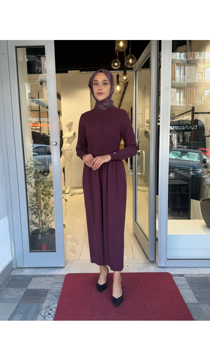 Kalın Fitilli Triko Elbise Oubergine 3264001