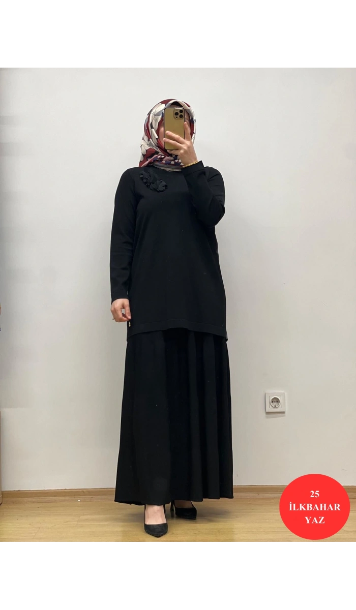 MissDalida Arkası Cupro Önü Gül Broşlu Triko Tunik 25Y-6011