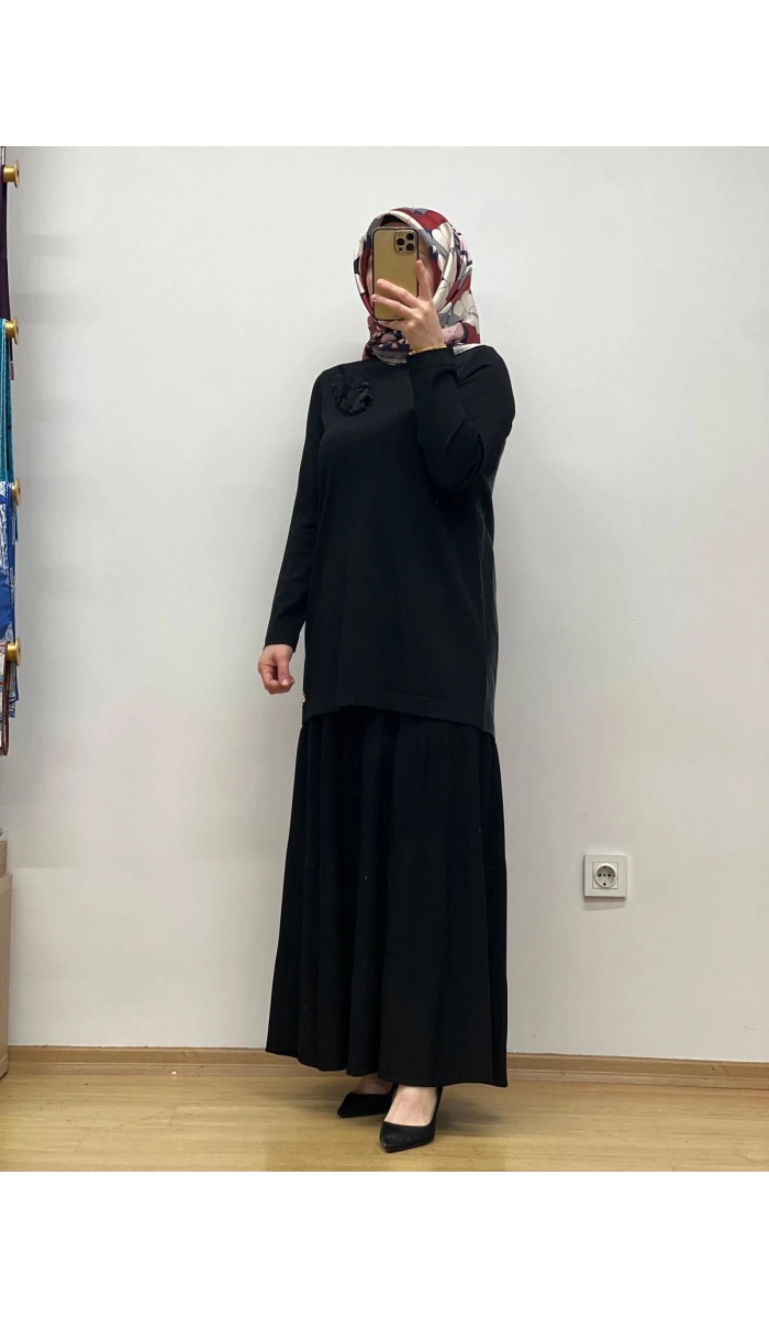 MissDalida Arkası Cupro Önü Gül Broşlu Triko Tunik 25Y-6011