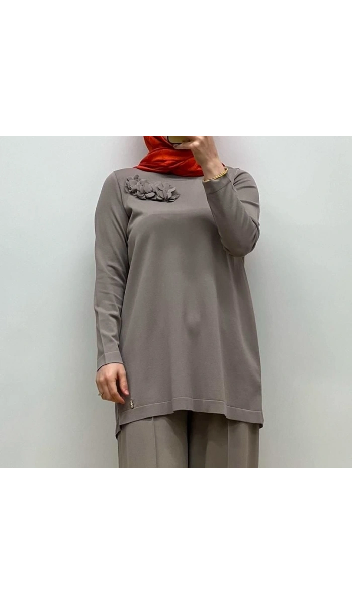 MissDalida Arkası Cupro Önü Gül Broşlu Triko Tunik 25Y-6011