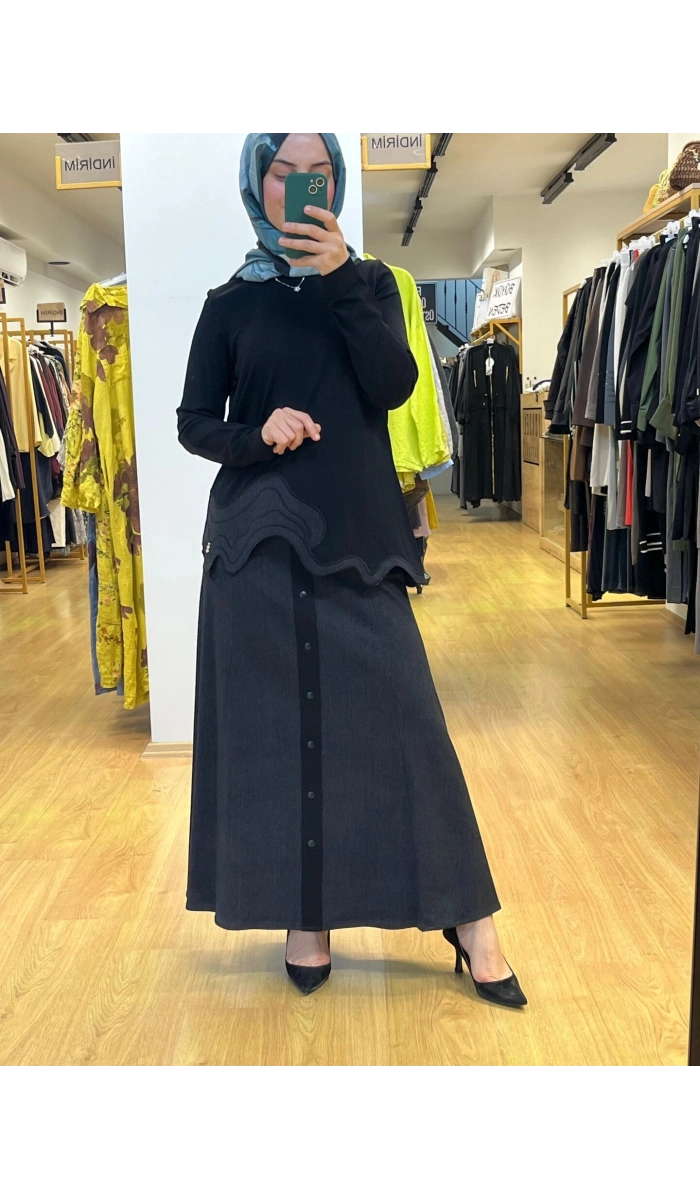 MissDalida Asimetrik Denim Detaylı Triko Tunik T25PF-6020