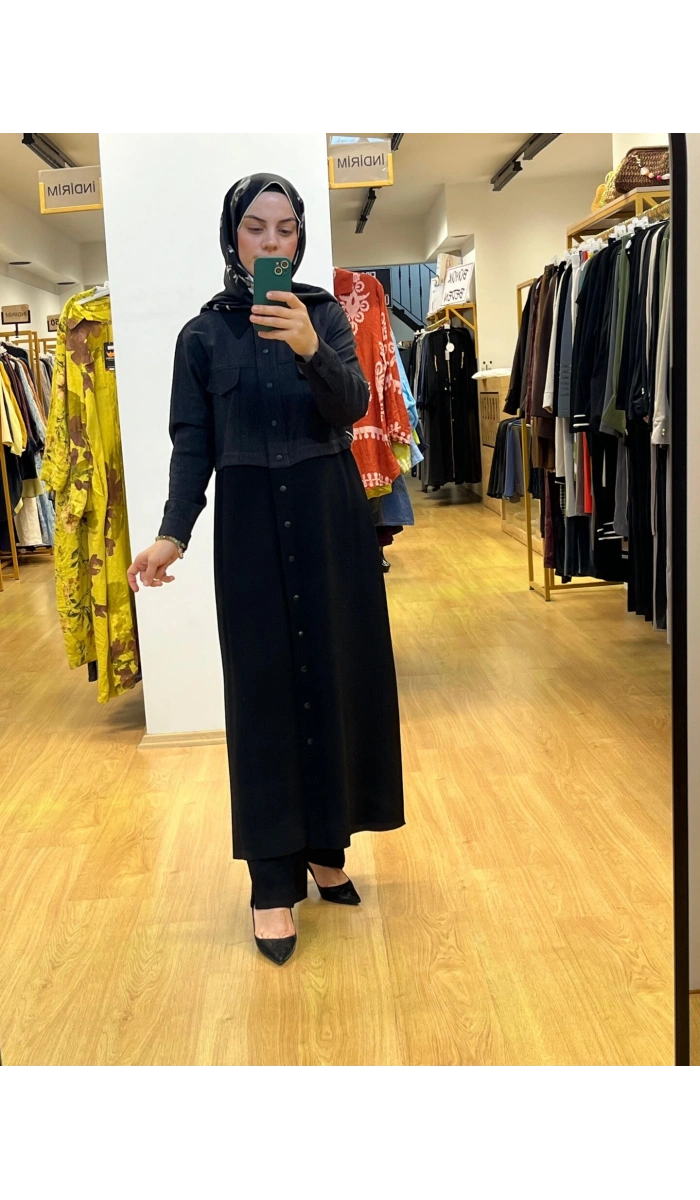 MissDalida Gömlek Yaka Denim Detaylı Uzun Ceket T25PF-8013