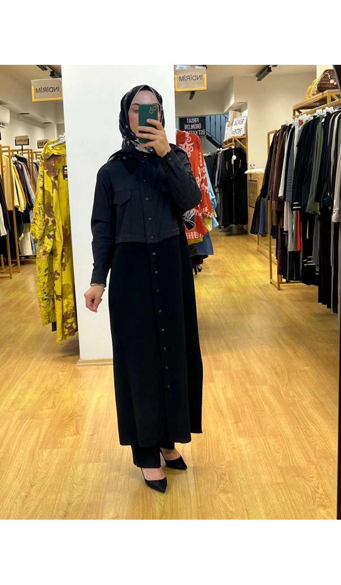 MissDalida Gömlek Yaka Denim Detaylı Uzun Ceket T25PF-8013